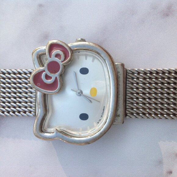 Hello Kitty Sanrio Wrist Watch Big Pink Bow Yellow Nose Silver Mesh Band - Picture 5 of 14
